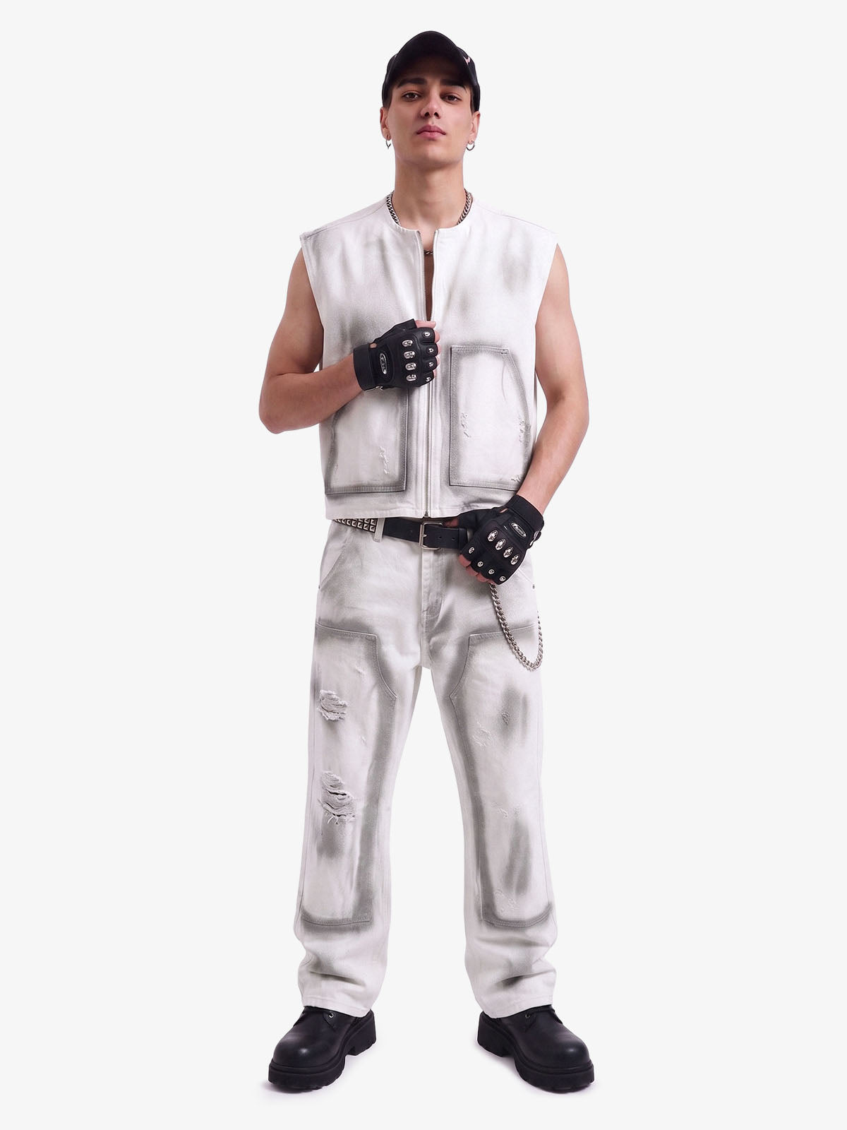 Airbrush Print Sleeveless Vest & Straight Leg Jeans Set 