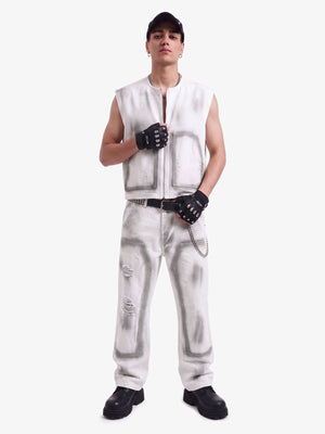 Airbrush Print Sleeveless Vest & Straight Leg Jeans Set 