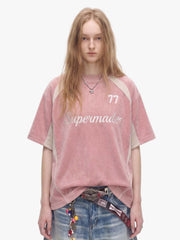 Suede Logo Embroidered Patchwork Short Sleeve T-Shirt - 2634 