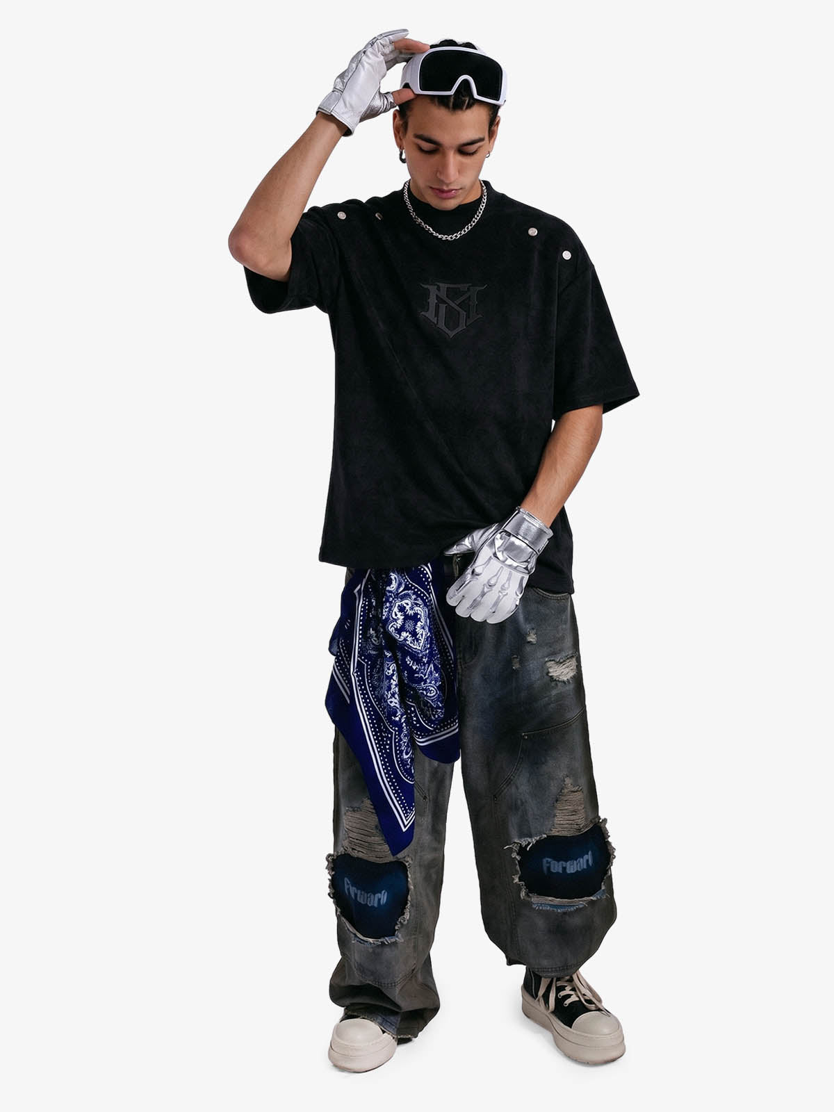 Metallic Print Suede Crew Neck T-Shirt 
