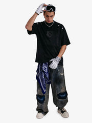 Metallic Print Suede Crew Neck T-Shirt 