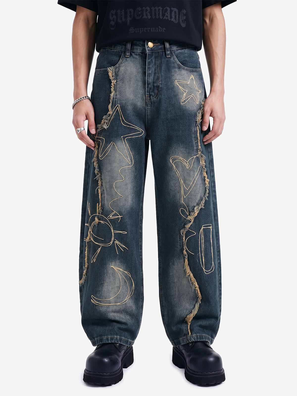 Vintage Embroidered Washed Raw-Edge Graffiti Scimitar Jeans 