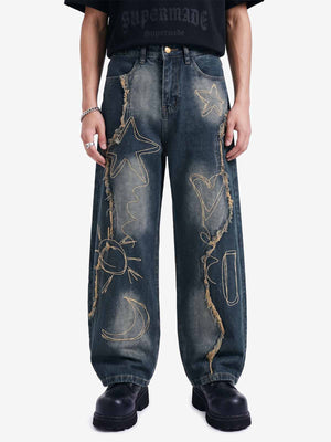 Vintage Embroidered Washed Raw-Edge Graffiti Scimitar Jeans 