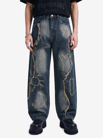 Vintage Embroidered Washed Raw-Edge Graffiti Scimitar Jeans 