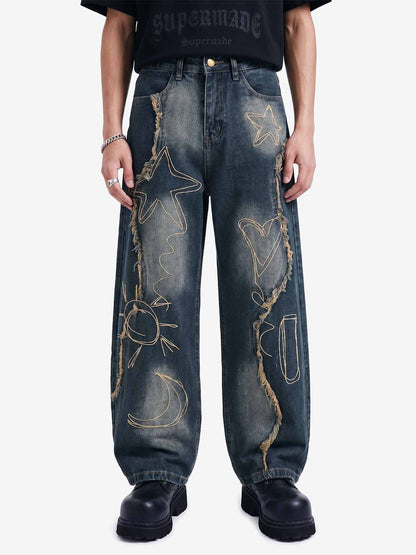 Vintage Embroidered Washed Raw-Edge Graffiti Scimitar Jeans 