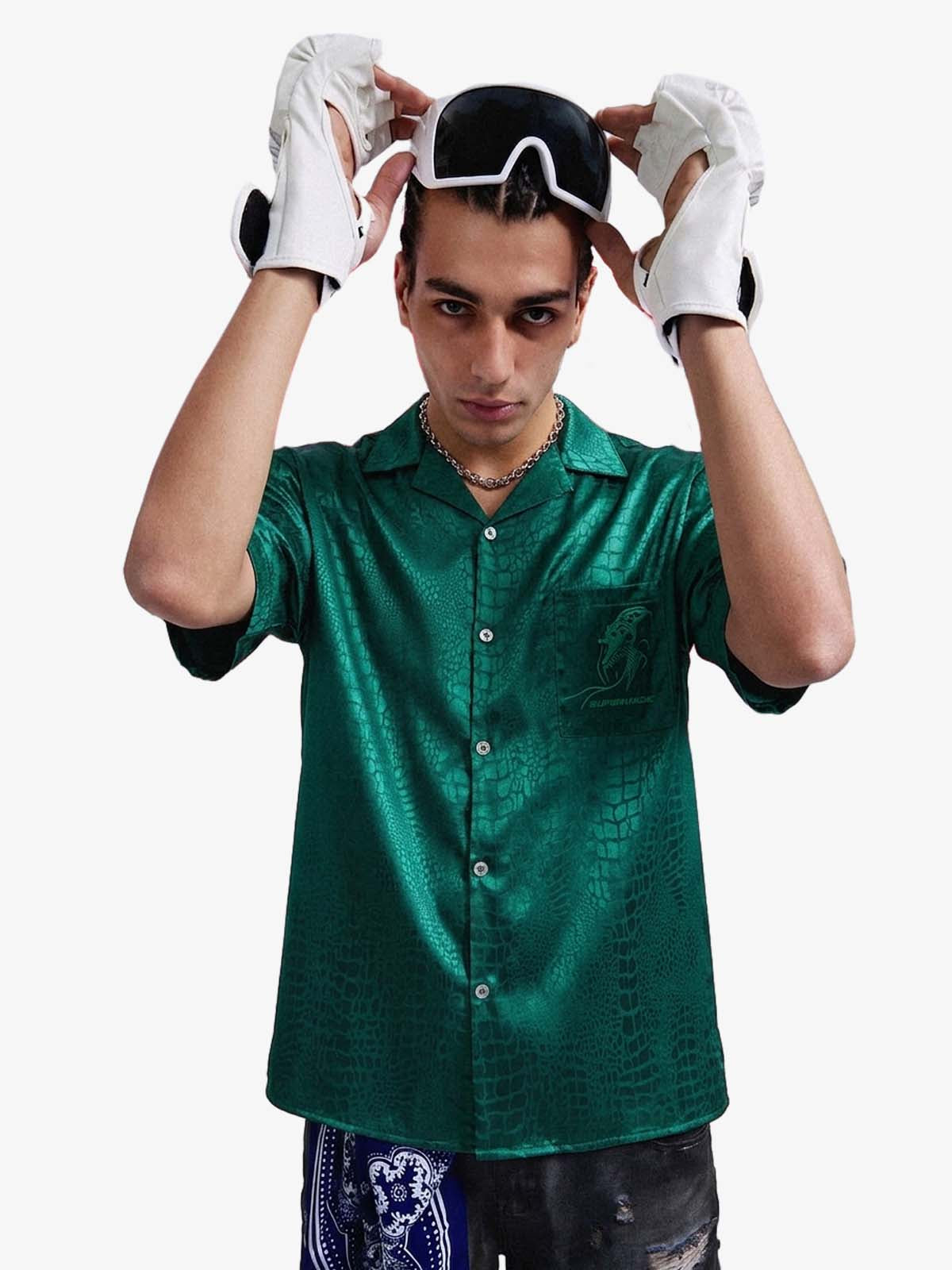 Emerald Crocodile Satin Cuban Shirt 