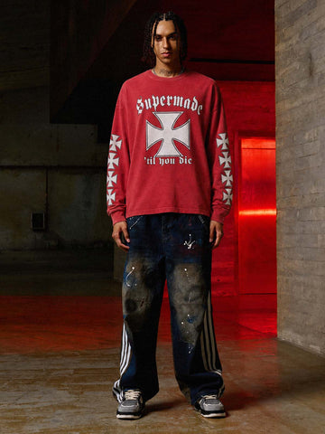Cross Graphic Distressed-Wash Long Sleeve Tee