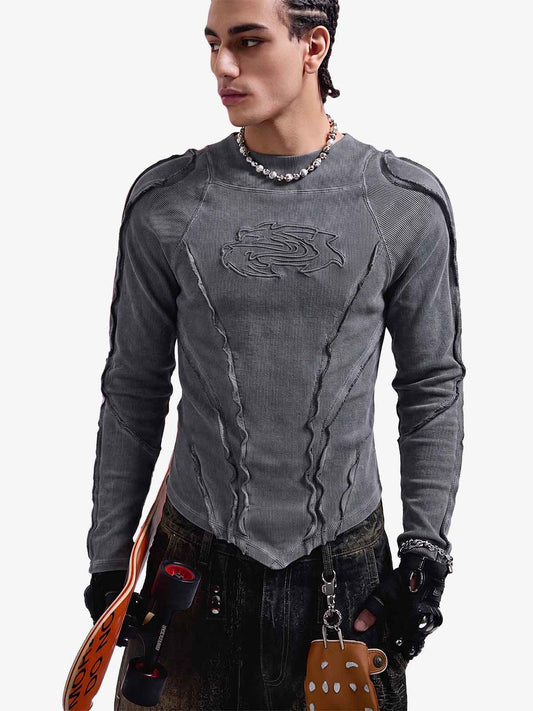 Vintage Washed Sculpted Seam Ribbed Long Sleeve T-Shirt - 2624