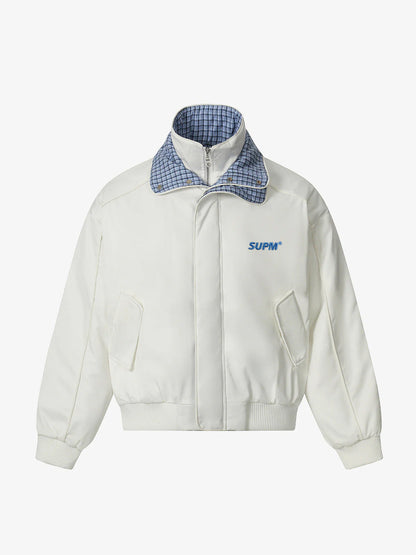 Retro Layered Look Plaid Collar Padded Jacket 