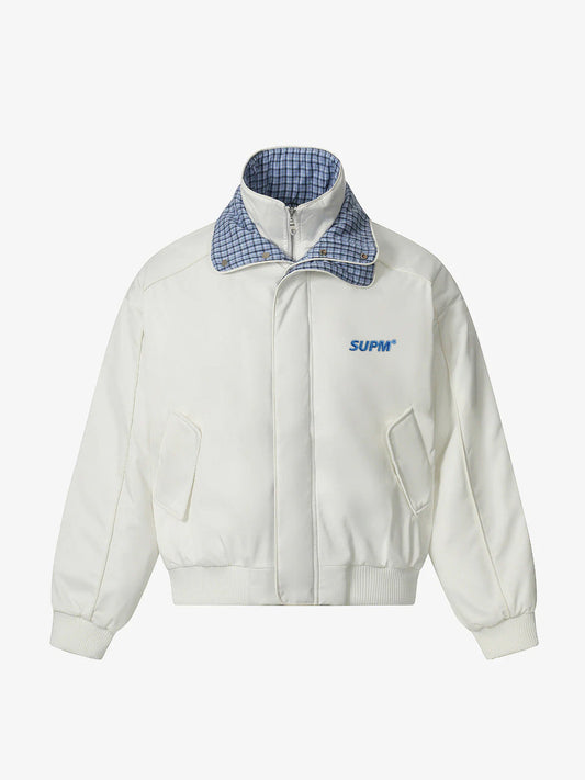 Retro Layered Look Plaid Collar Padded Jacket 