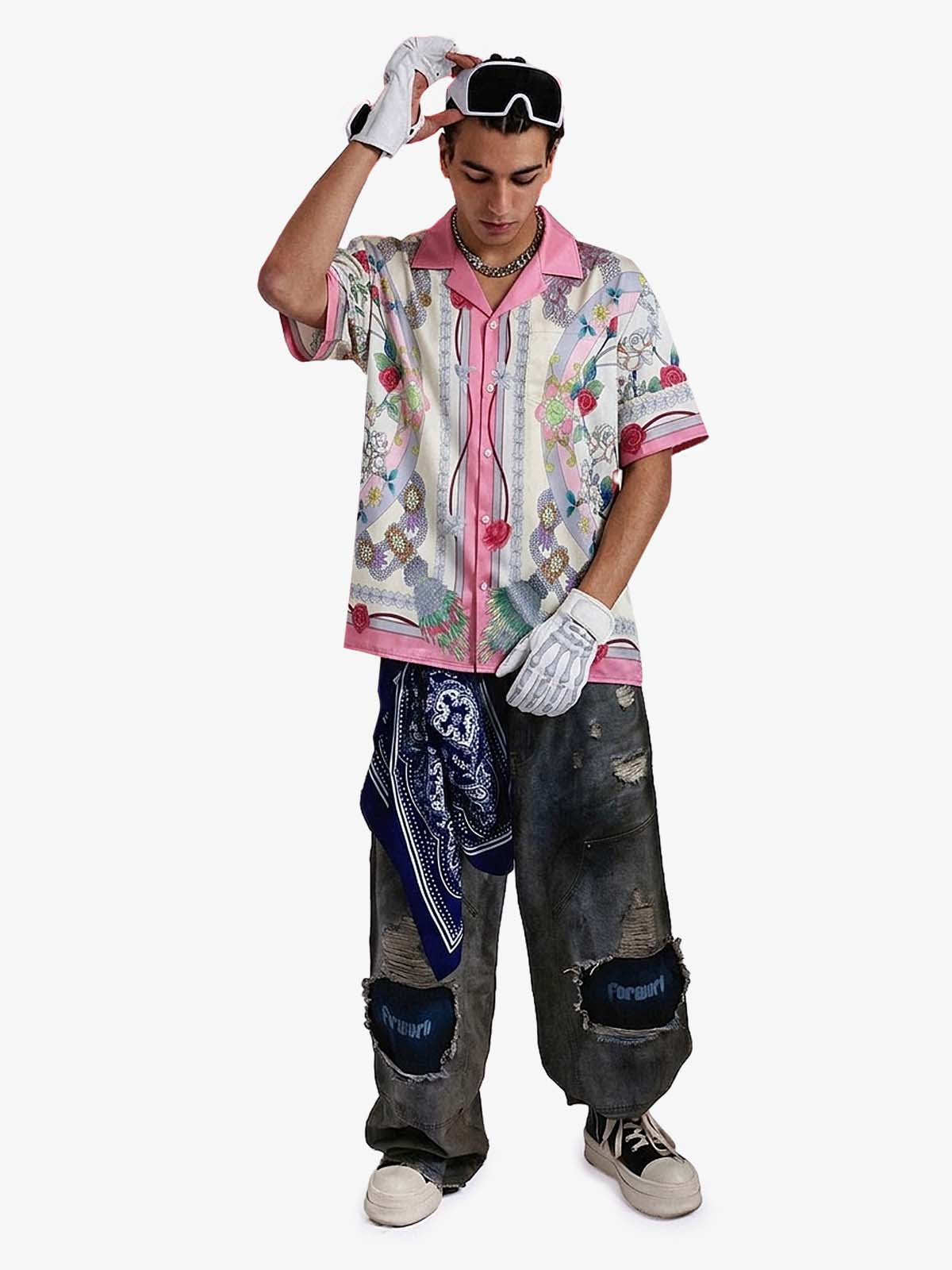 Pink-trimmed baroque satin camp-collar shirt