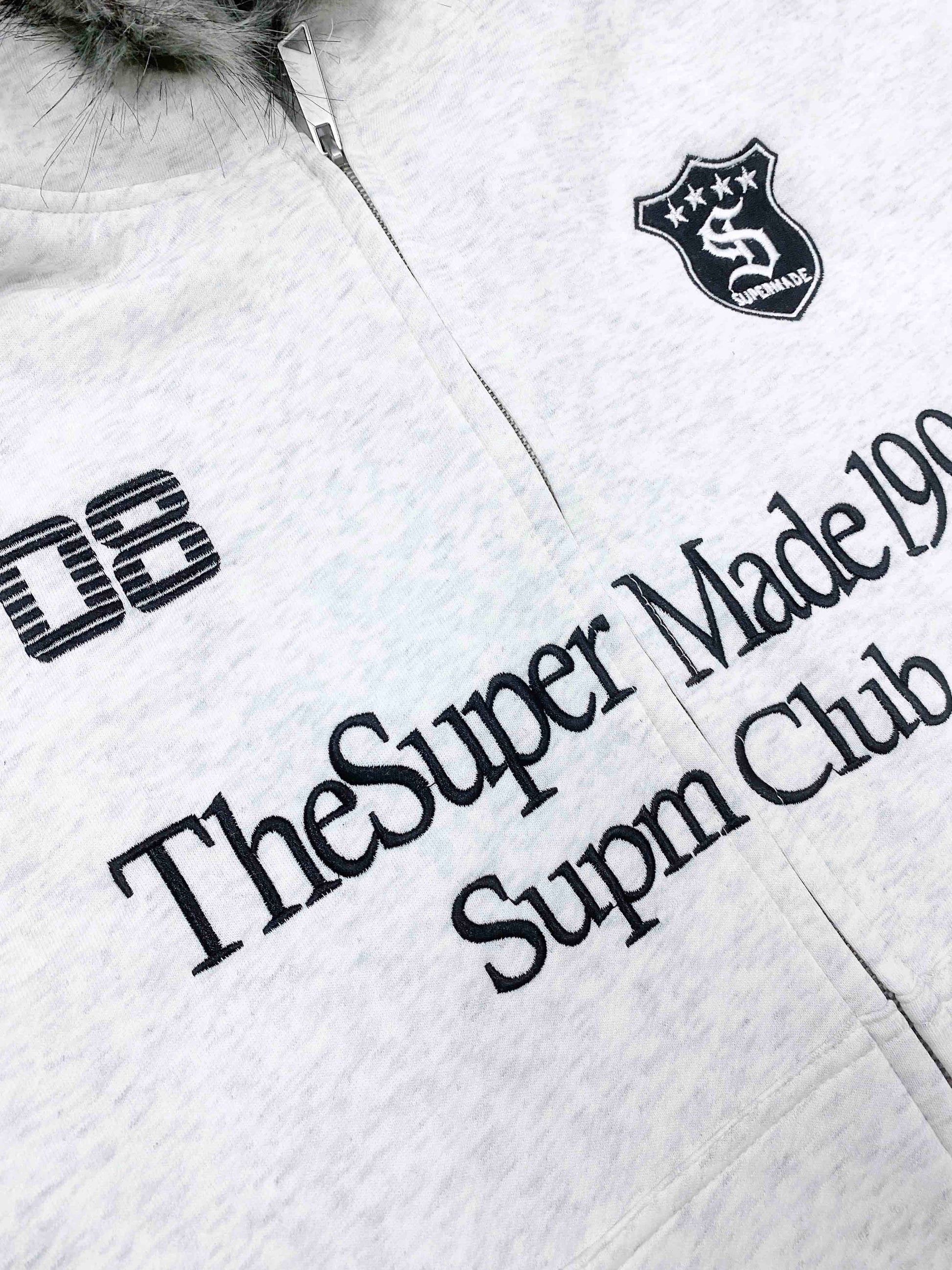 Letter Medal Embroidered Cardigan Fur Collar Zip Up Hoodie- 2502 