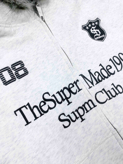 Letter Medal Embroidered Cardigan Fur Collar Zip Up Hoodie- 2502 