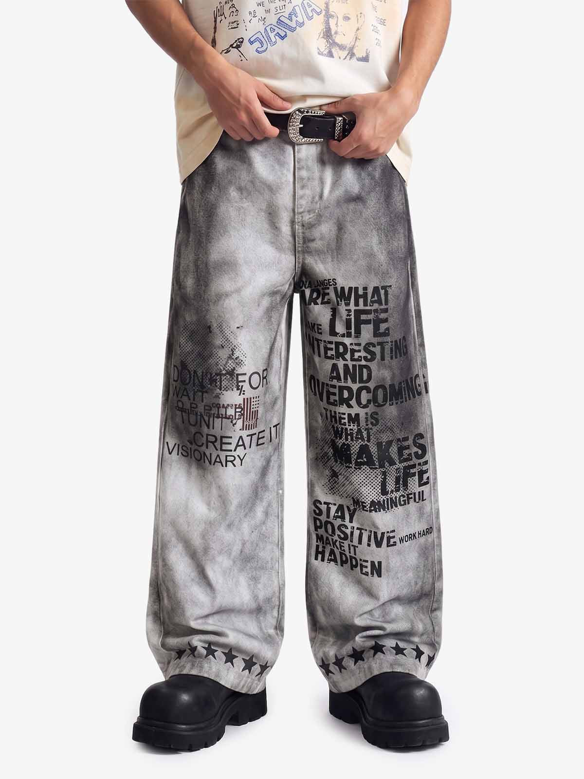 Distressed Dirty Wash Text Graphic Star Trim Straight Leg Pants 