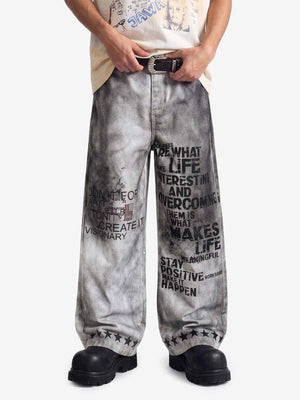 Distressed Dirty Wash Text Graphic Star Trim Straight Leg Pants 