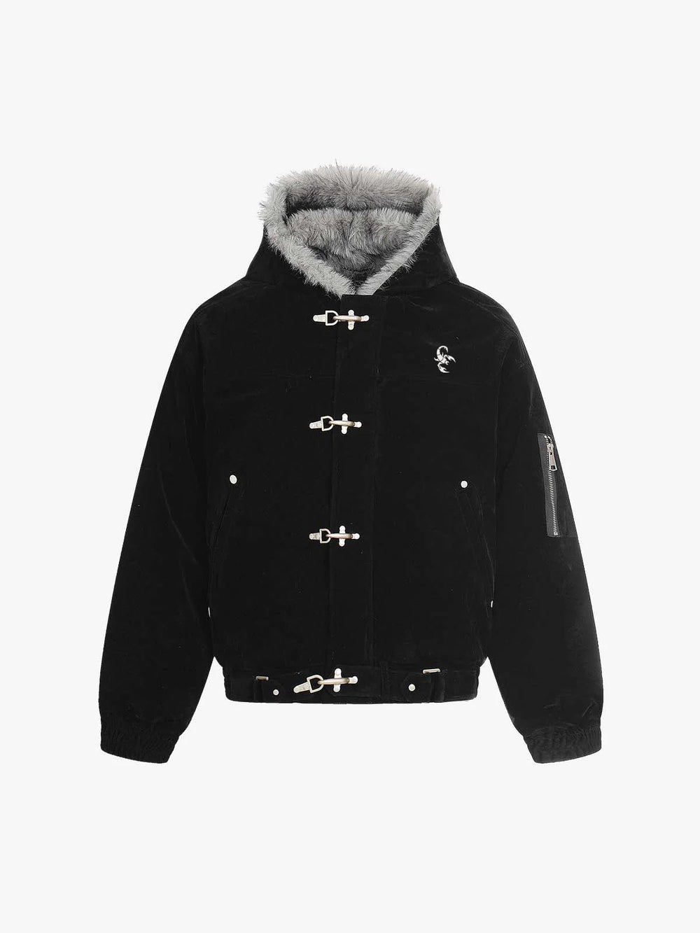 Streetwear Metal Clip Faux Fur Hooded Suede Bomber Jacket - 2597