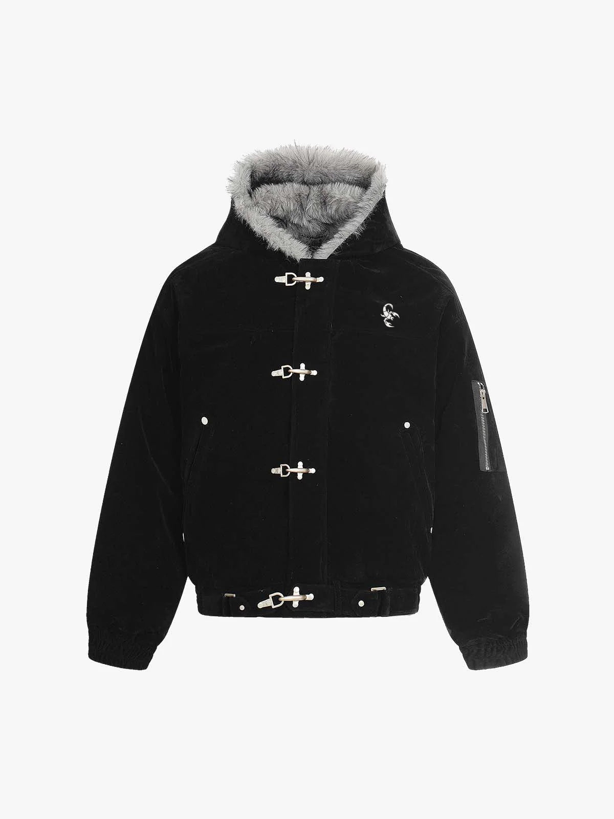 Streetwear Metal Clip Faux Fur Hooded Suede Bomber Jacket - 2597