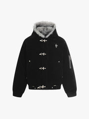Streetwear Metal Clip Faux Fur Hooded Suede Bomber Jacket - 2597