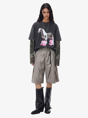 Layered Leopard Horse Graphic Long Sleeve T-Shirt 