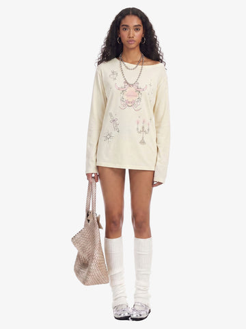 Off Shoulder Bow Graphic Long Sleeve T-Shirt 