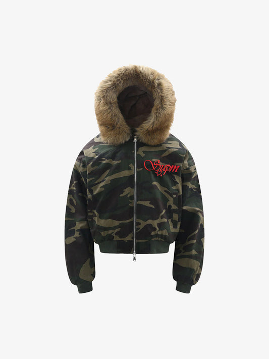 Embroidered Detachable Fur Hooded Jacket 