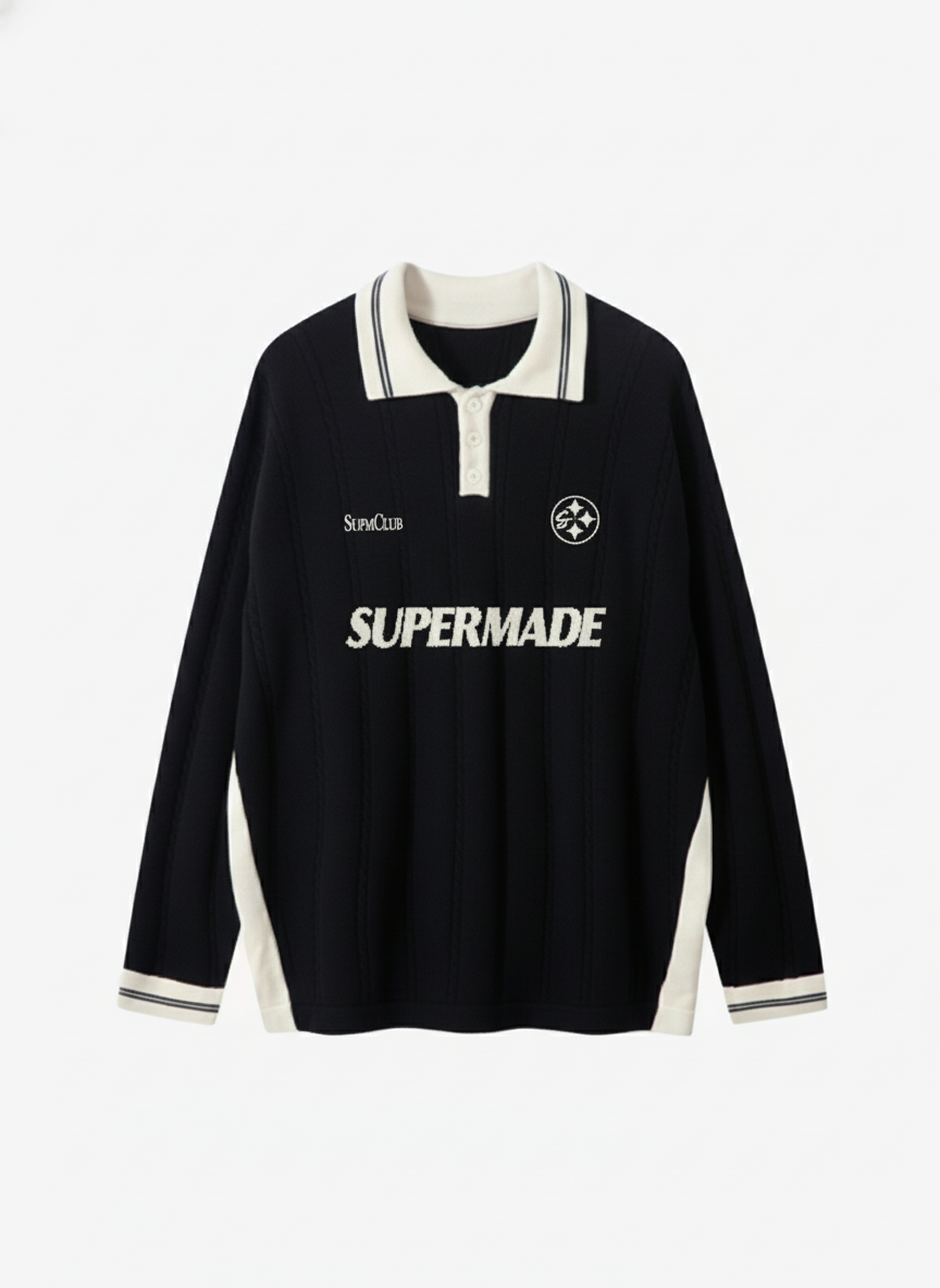 Retro College Polo Collar Knit Sweater 