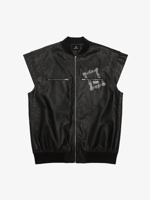 Thorn Destruction Frame Pattern Leather Vest 