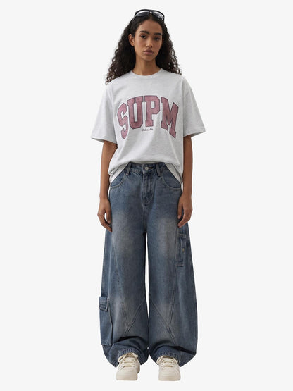 3D Curved Panel Stacked Wide-Leg Denim Jeans 