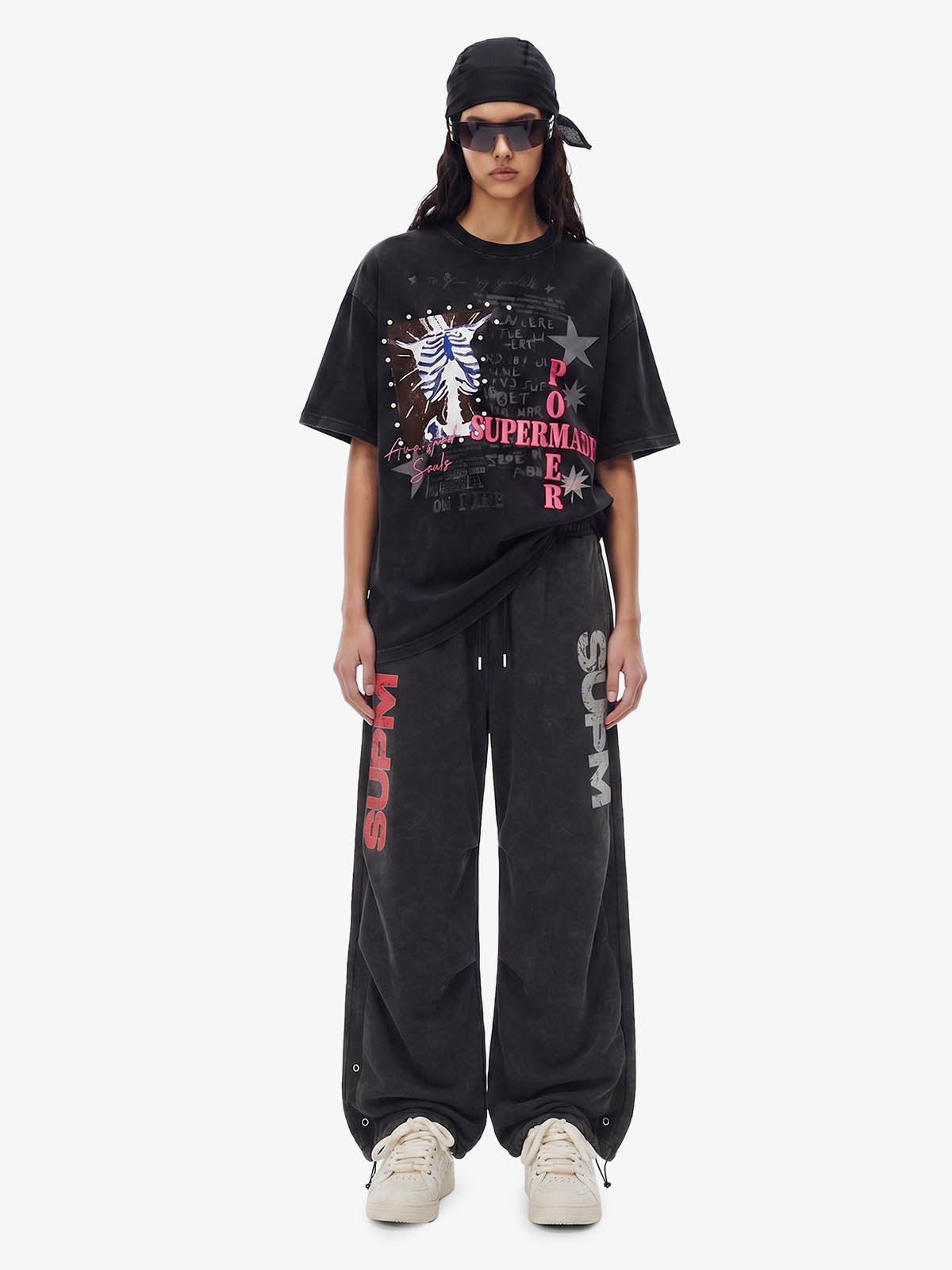 Street Washed Mottled Rivet Letter Print Baggy Sweatpants 
