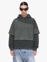 Distressed Patchwork Raw-Edge Layered-Hem Fleece Hoodie 