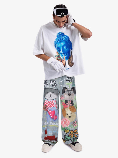 Graffiti Cartoon Animal Print Distressed Wide Leg Denim Jeans 