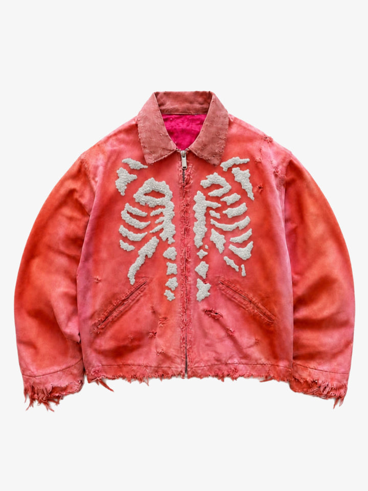 Terry Skull Embroidered Distressed Boxy Workwear Jacket