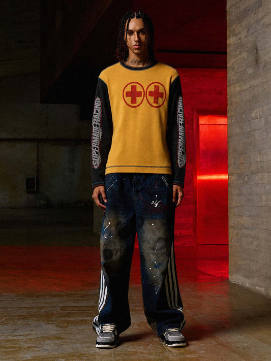 Gear Graphic Color Block Washed Waffle Long Sleeve Tee