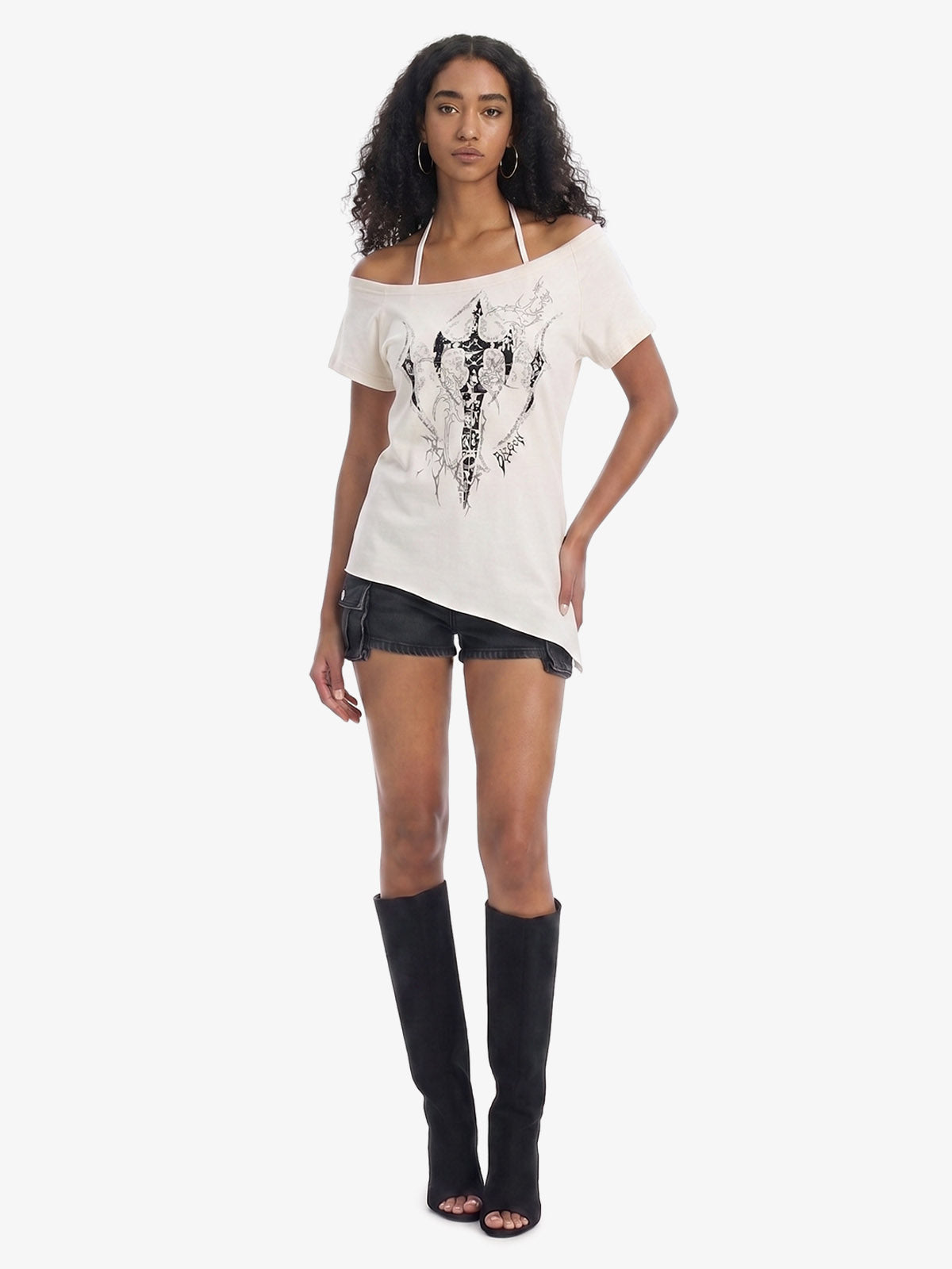 Off Shoulder Cross Graphic Slim Fit T-Shirt 