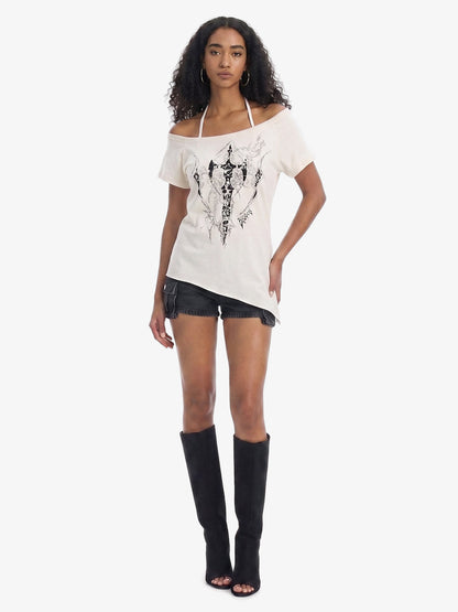 Off Shoulder Cross Graphic Slim Fit T-Shirt 