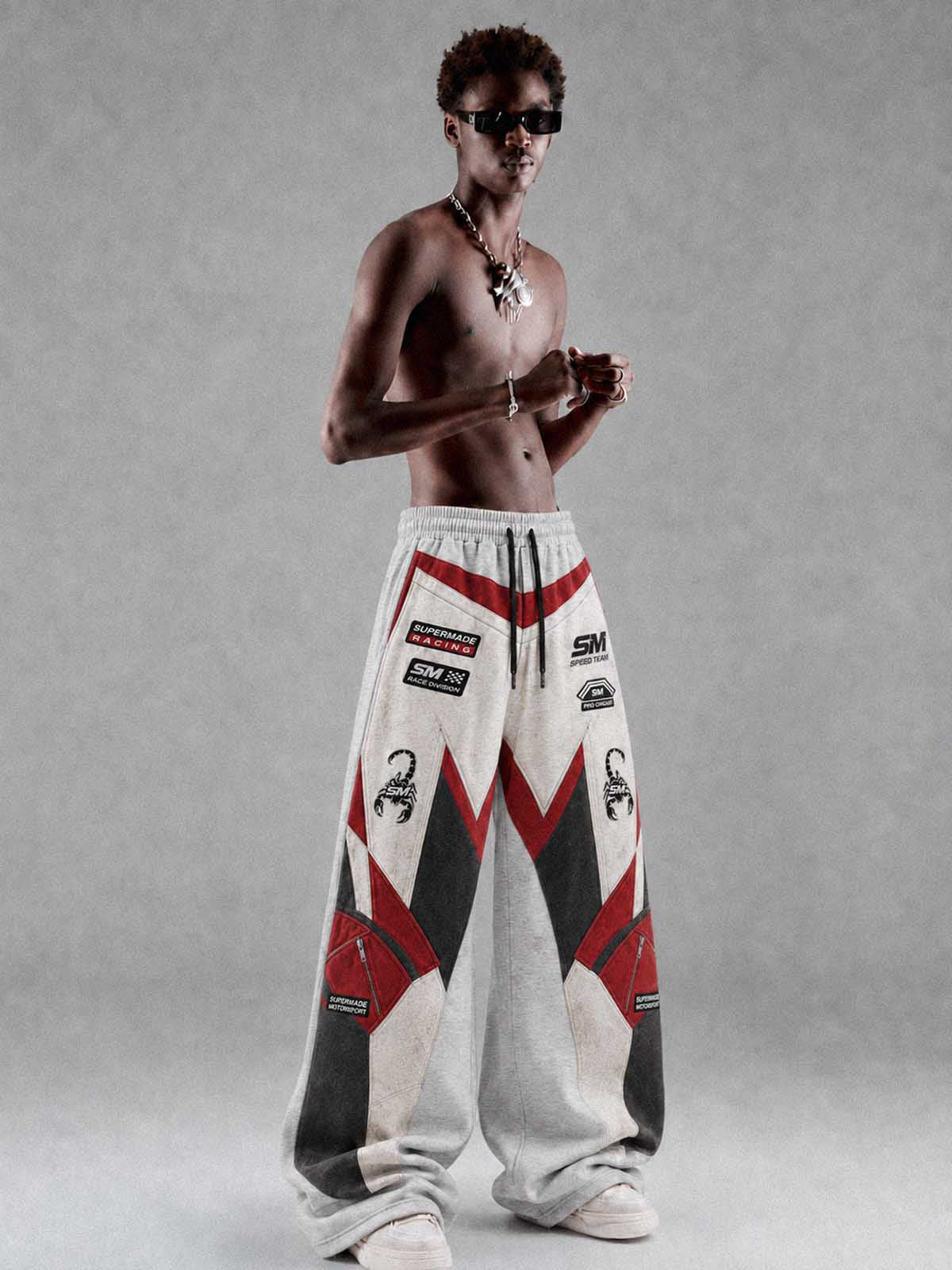 3D Biker Graphic Washed Distressed Wide-Leg Sweatpants