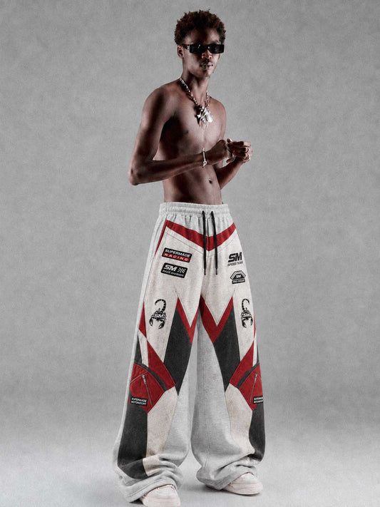 3D Biker Graphic Washed Distressed Wide-Leg Sweatpants