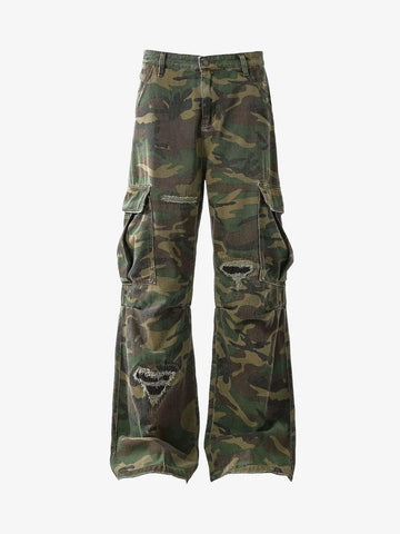 Woven Ripped Camouflage Cargo Baggy Pants - 2410