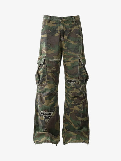 Woven Ripped Camouflage Cargo Baggy Pants - 2410