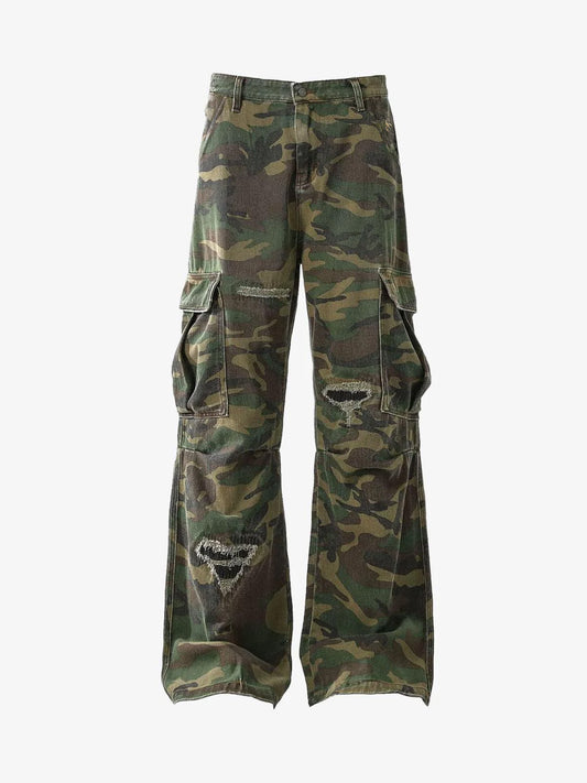 Gewebte zerrissene Camouflage Cargo Baggy Hose – 2410