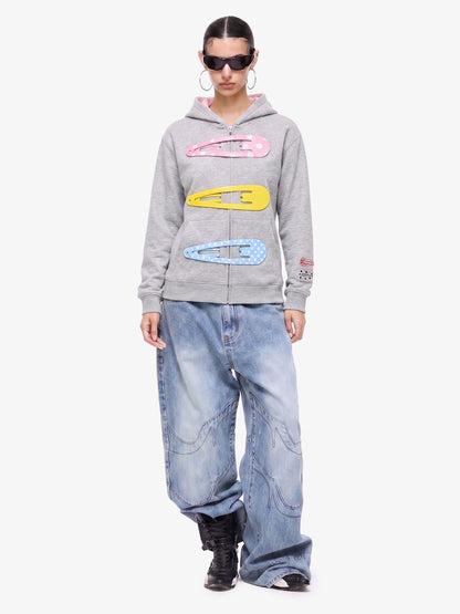Detachable Hair Clip Decoration Zip Up Hoodie