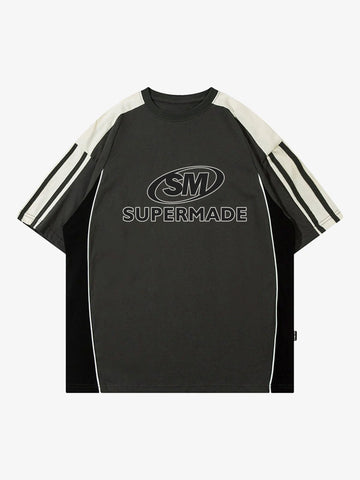 Color-Blocked Strip Racing T-shirt - 2076 