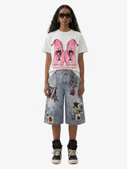Charm Detail Graphic Denim Shorts 