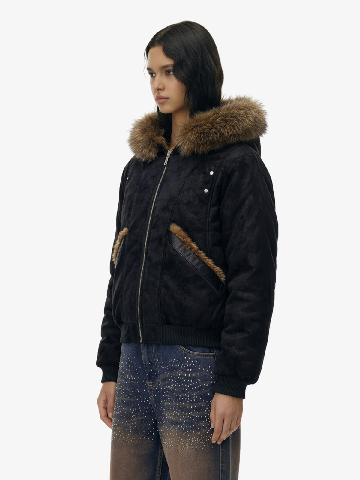 Retro Detachable Faux Fur Collar Suede Fleece Hoodie Jacket 