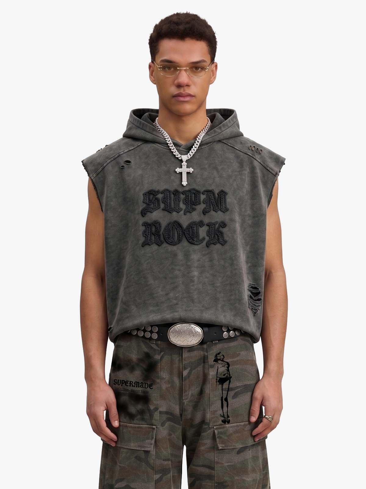 Distressed Washed Sleeveless Hoodie 