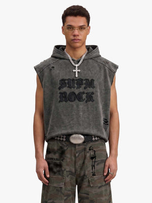 Distressed Washed Sleeveless Hoodie 