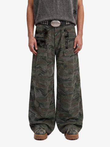 Faded Camo Graphic Wide-Leg Cargo Pants 