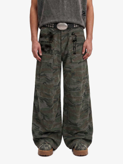Faded Camo Graphic Wide-Leg Cargo Pants 