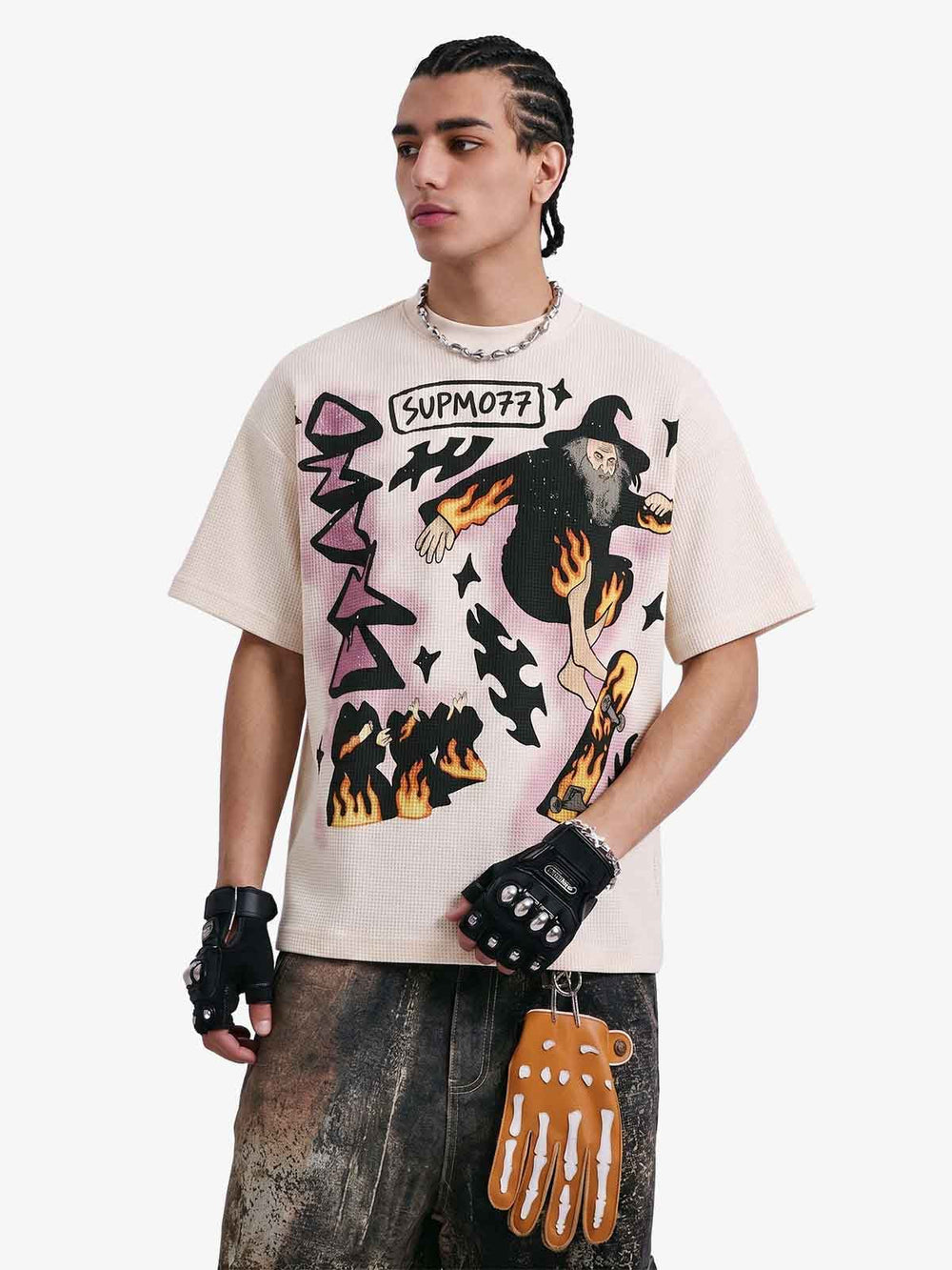 Waffle Knit Skate Wizard Flame Graphic T-Shirt 