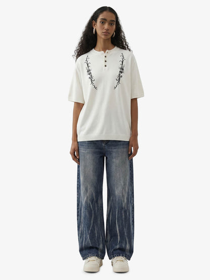 Graphic Floral Knit Henley T-Shirt 